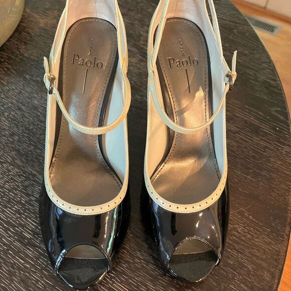 Linea Paolo Black & Cream Retro Strappy Peep Toe Pump Heels sz 10 - Picture 3 of 7